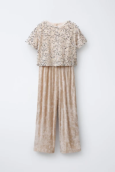 LONG SEQUIN AND VELVET JUMPSUIT