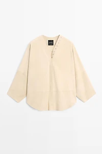 Chemise en cuir façon daim à boutons-pression