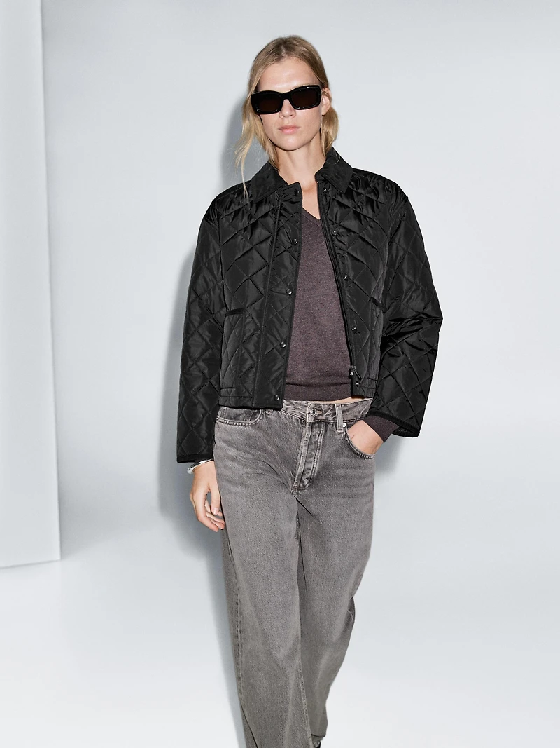 Short lightweight puffer jacket with corduroy detail