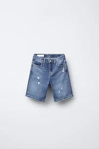 TEXT PRINT WIDE DENIM SHORTS