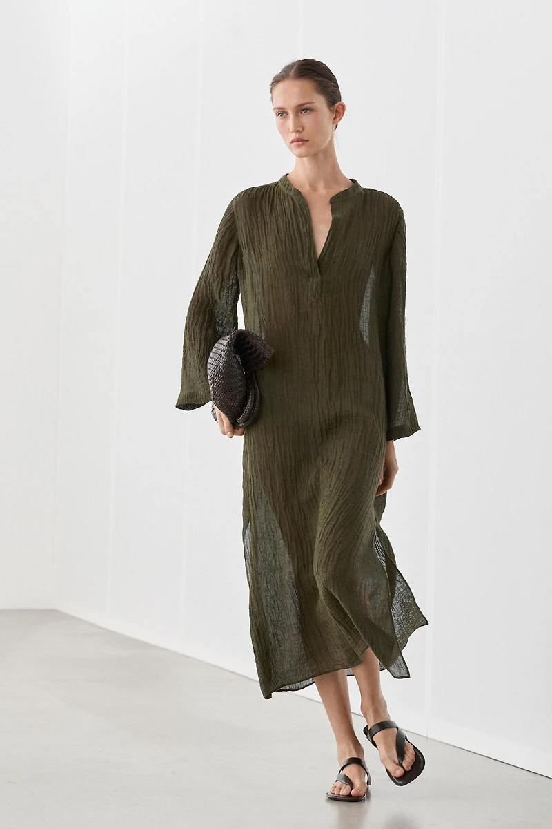 Linen blend waffle-knit shirt dress