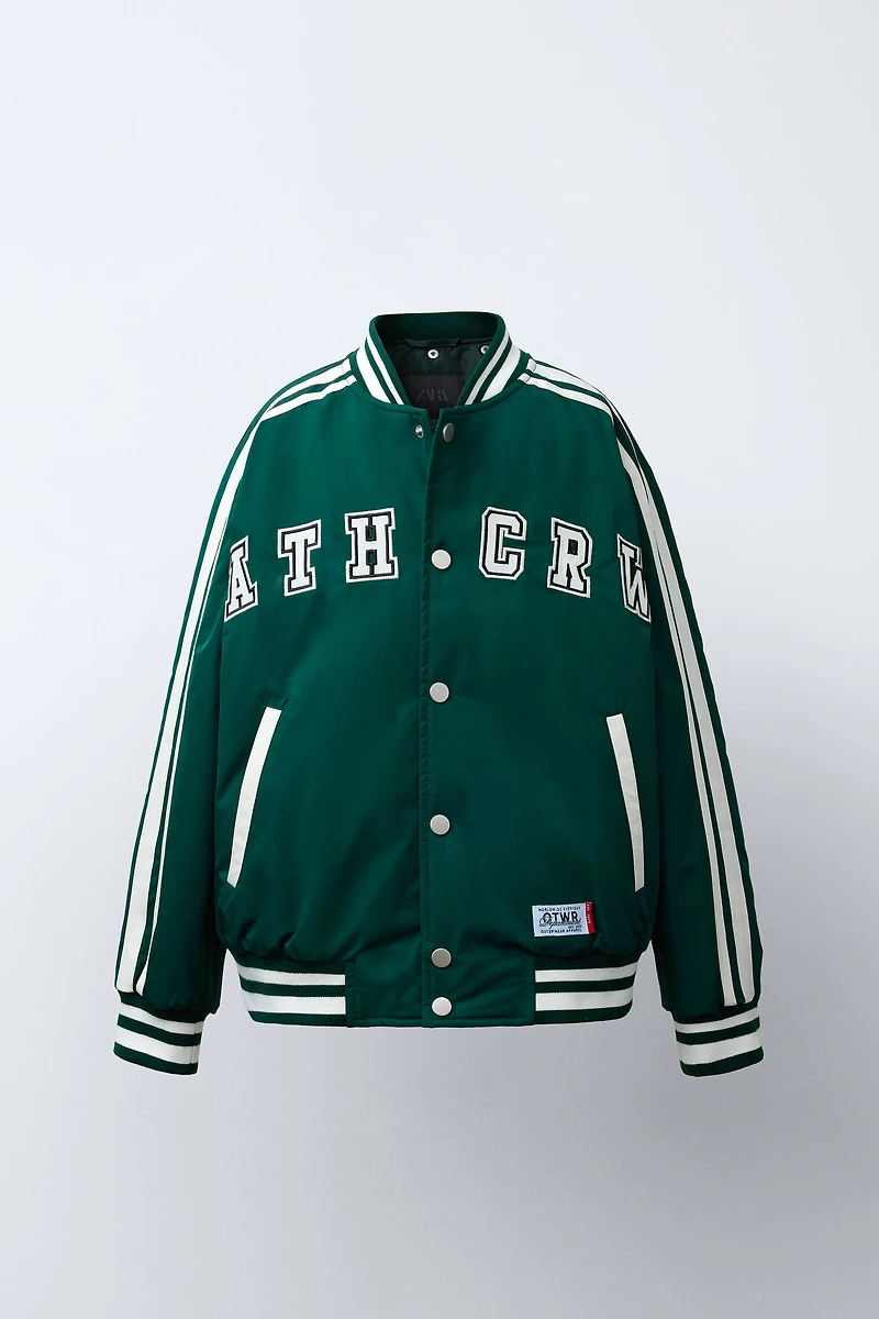 REMOVABLE HOOD VARSITY PUFFER BOMBER JACKET