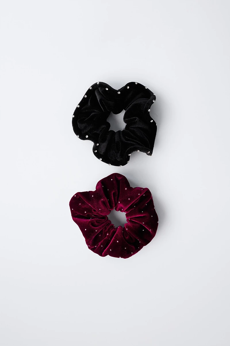 TWO-PACK OF VELVET RHINESTONE SCRUNCHIES