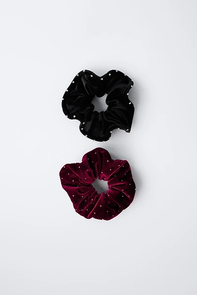 TWO-PACK OF VELVET RHINESTONE SCRUNCHIES