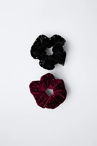 TWO-PACK OF VELVET RHINESTONE SCRUNCHIES