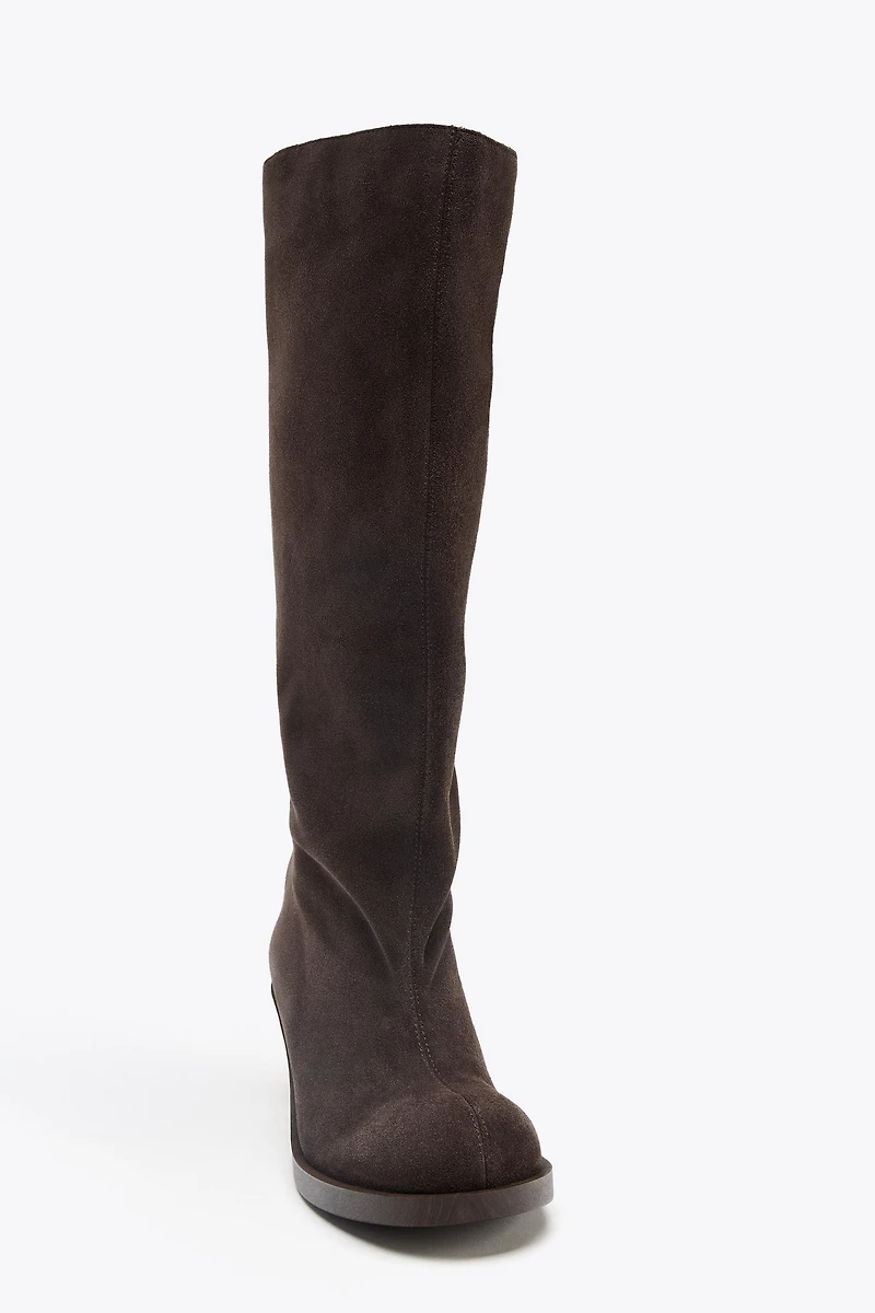 SPLIT LEATHER KITTEN HEEL BOOTS