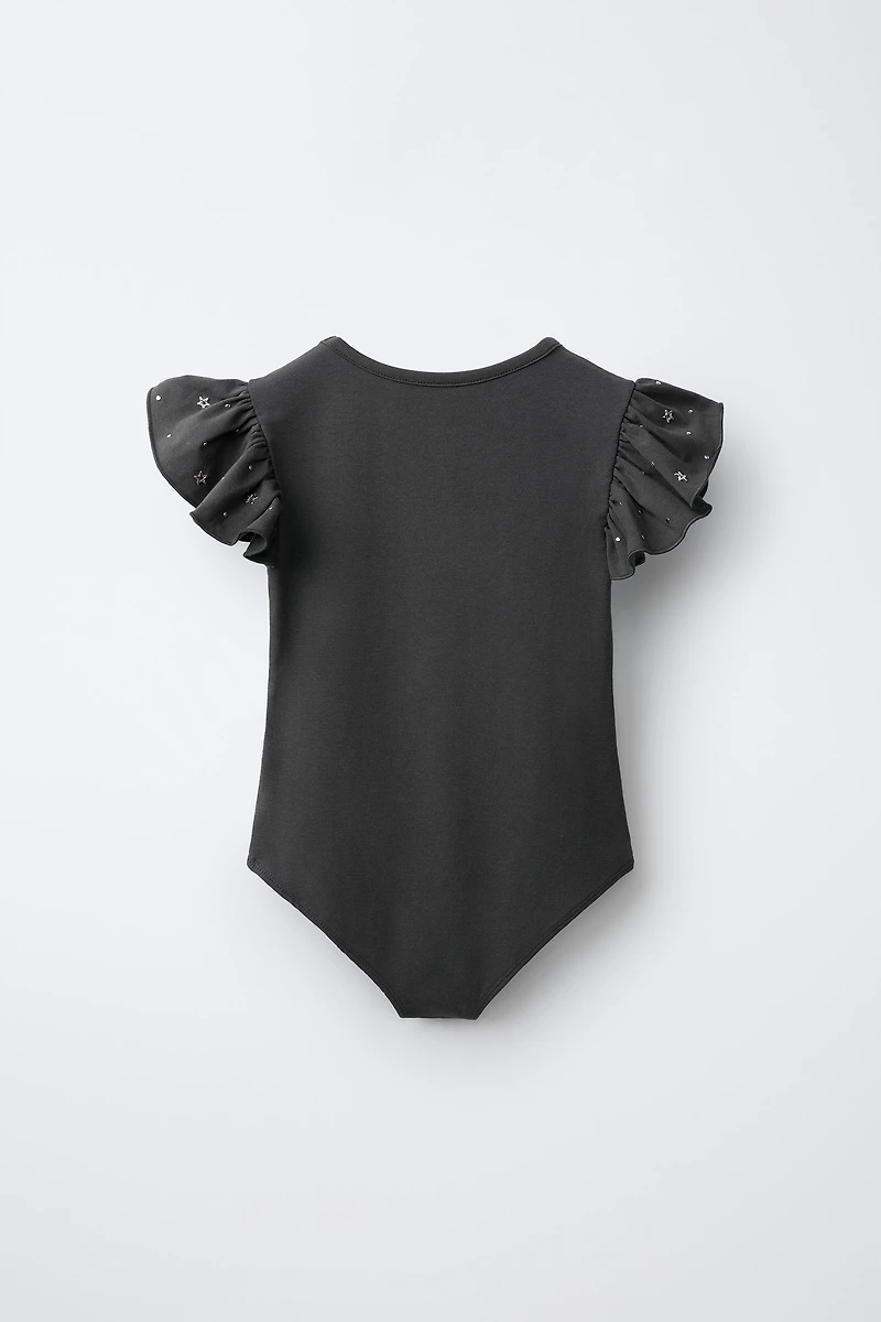 STUDDED RUFFLE SLEEVE BODYSUIT