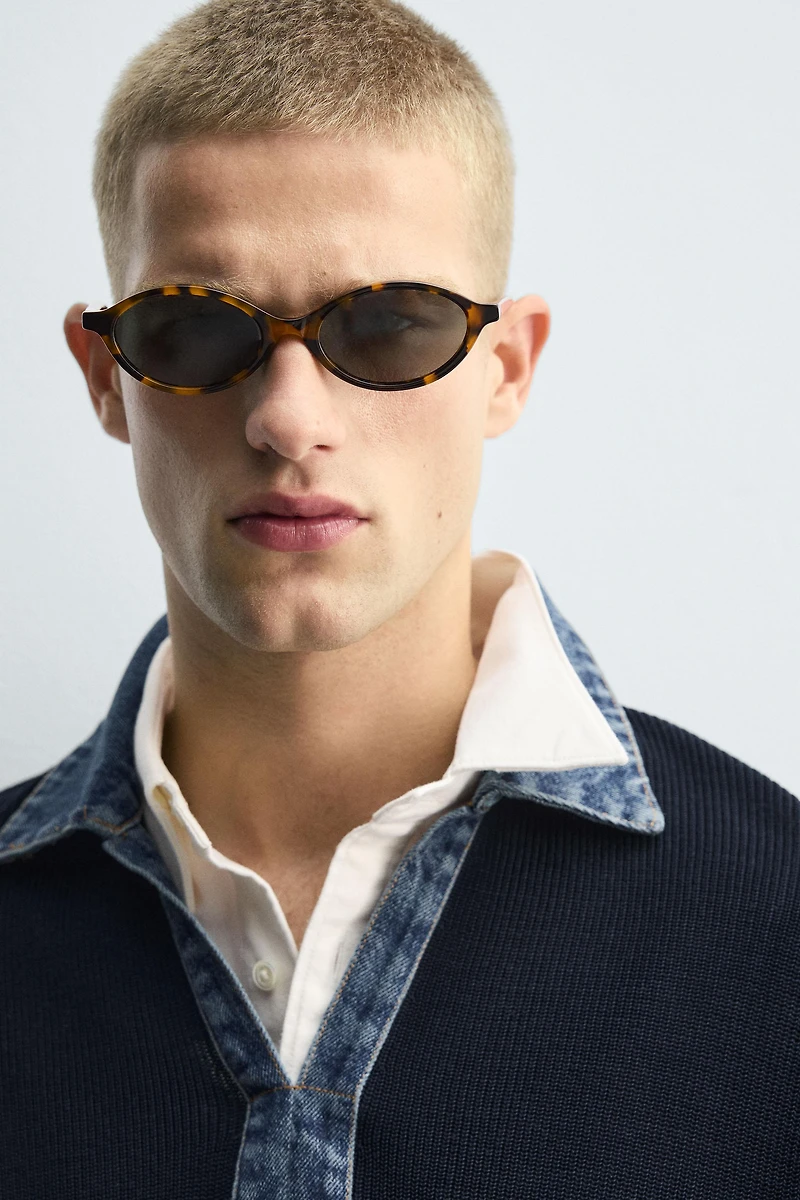 DENIM COLLAR KNIT POLO SHIRT