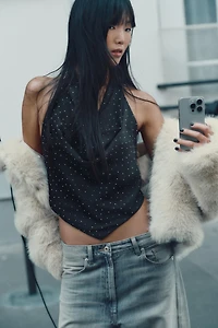 RHINESTONE SATIN EFFECT HALTER TOP