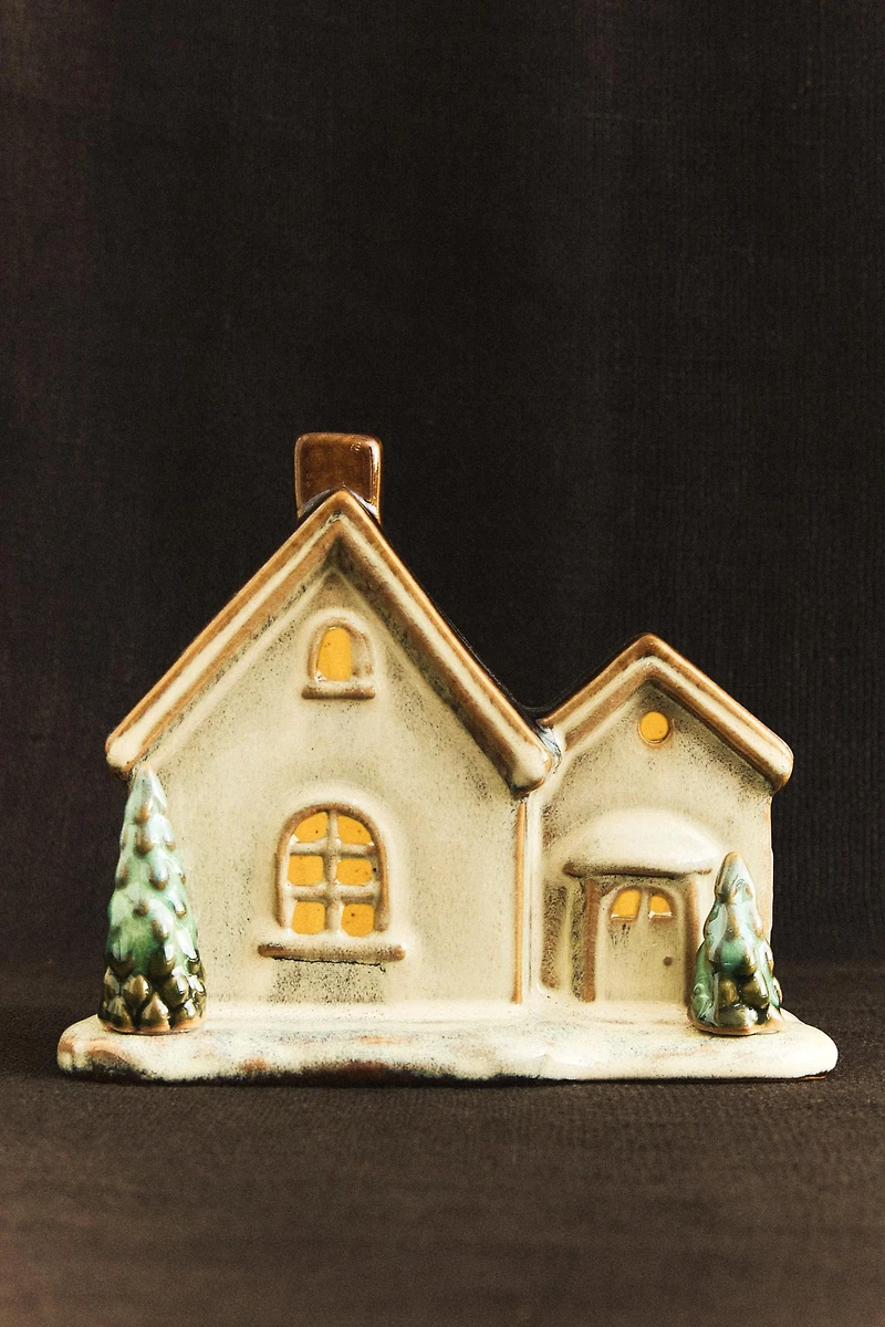 LIGHT-UP PORCELAIN HOUSE WITH PINE TREES CHRISTMAS ORNAMENT