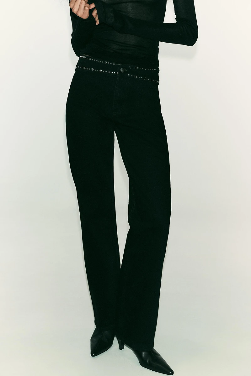 Z1975 HIGH WAIST STRAIGHT LONG LENGTH JEANS WITH STUDS