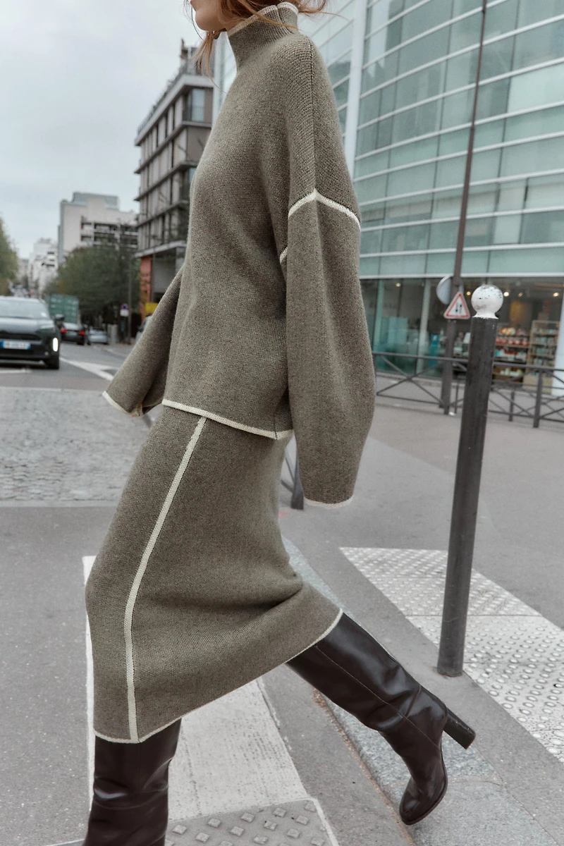 CONTRAST PIPED KNIT MIDI SKIRT