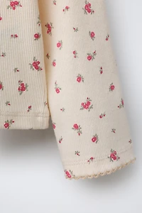 FLORAL TEXT EMBROIDERED RIBBED T-SHIRT