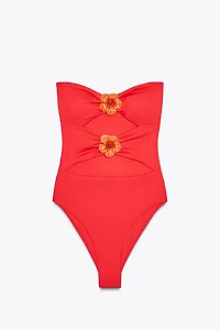 CUT OUT FLORAL BANDEAU SWIMSUIT