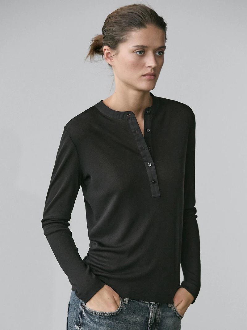 Wool blend henley neck T-shirt