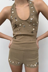 BUTTONED RIB HALTER TOP