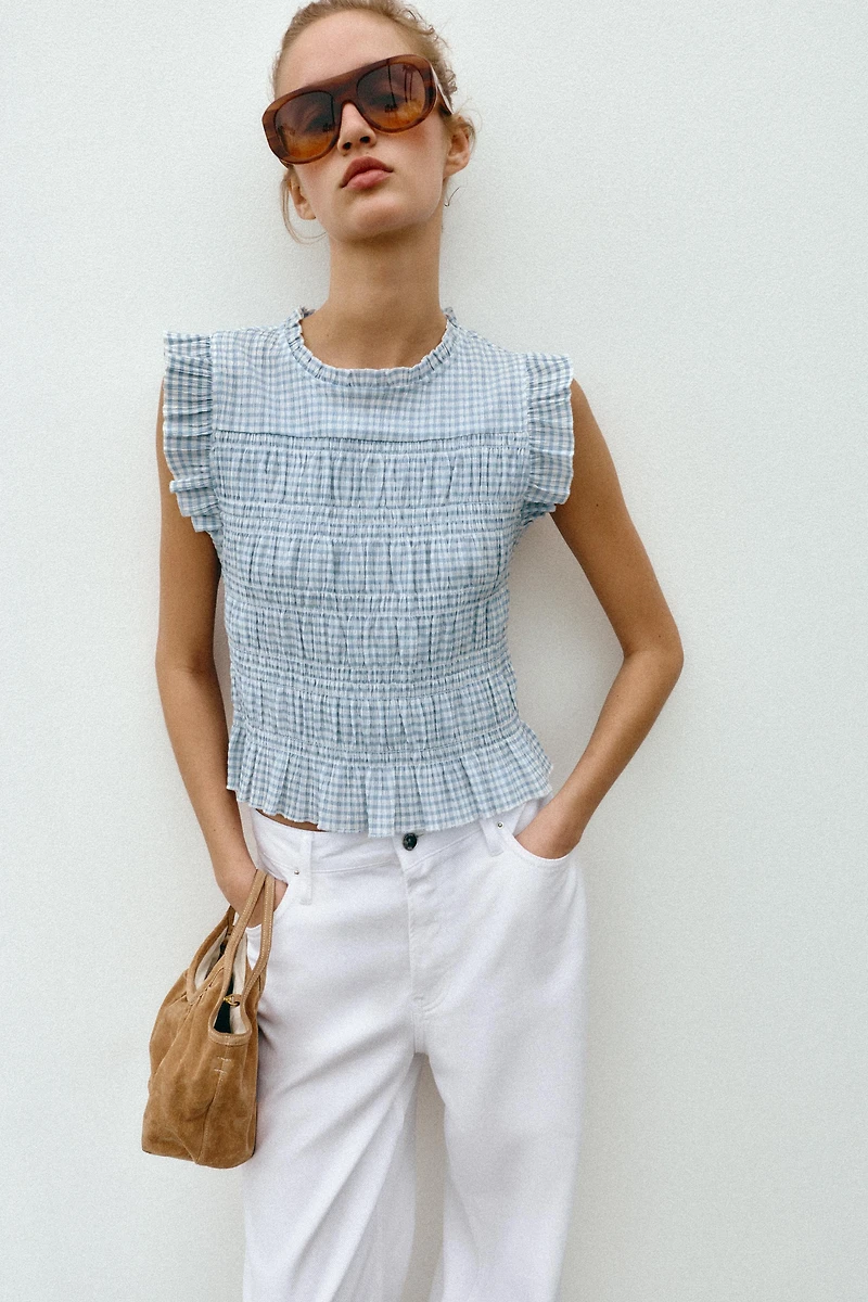 SMOCKED GINGHAM TOP
