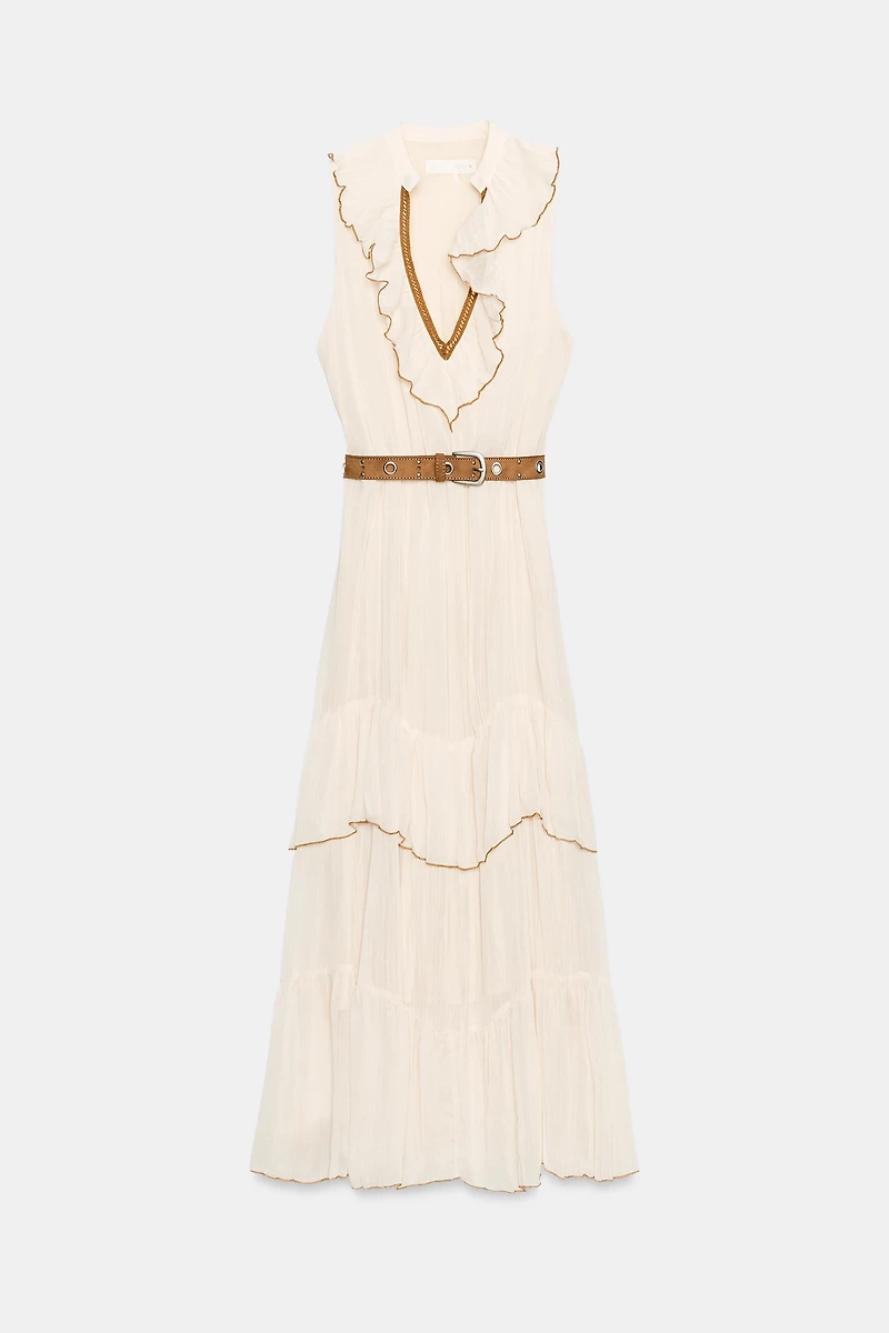 BELTED RUFFLED MIDI DRESS