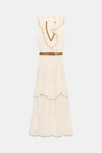 BELTED RUFFLED MIDI DRESS