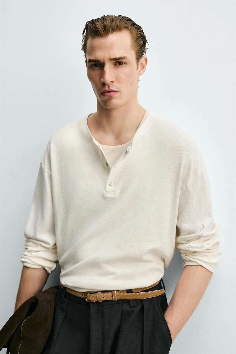 T-SHIRT COL TUNISIEN COTON - LIN