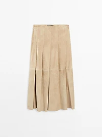 Long pleated suede leather skirt