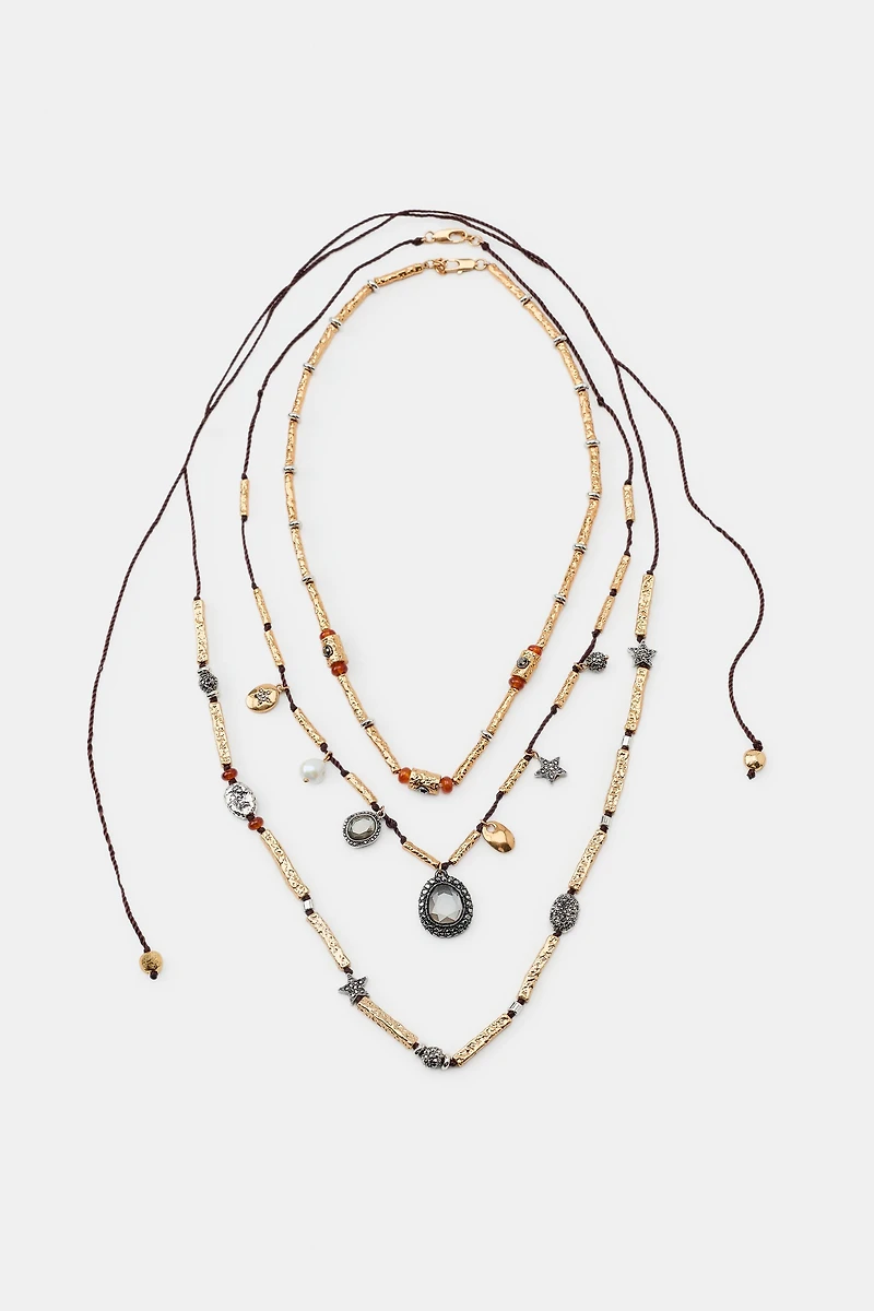 PACK OF 3 CORD NECKLACES WITH CHARMS AND JEWELS