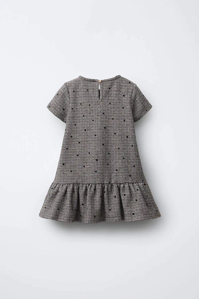 HOUNDSTOOTH FLOCKED POLKA DOT BOW DRESS