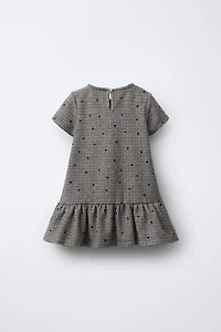 HOUNDSTOOTH FLOCKED POLKA DOT BOW DRESS