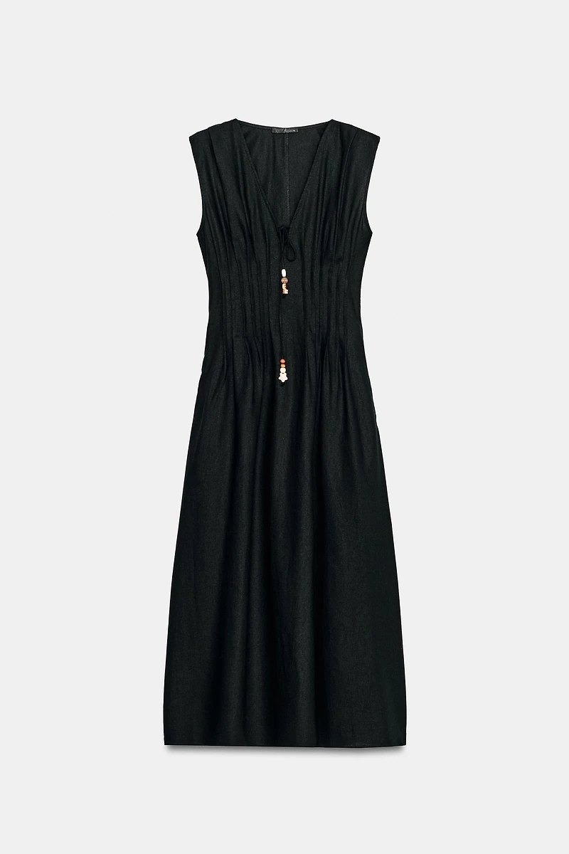 LINEN PINTUCK MIDI DRESS