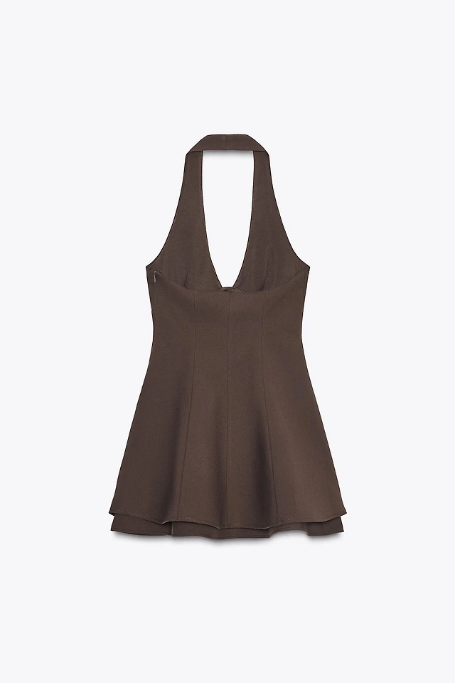 zara halter top dress ZARA NWT WOMAN SS25 CROSSOVER BELTED MIDI DRESS TAUPE BROWN 2604/615