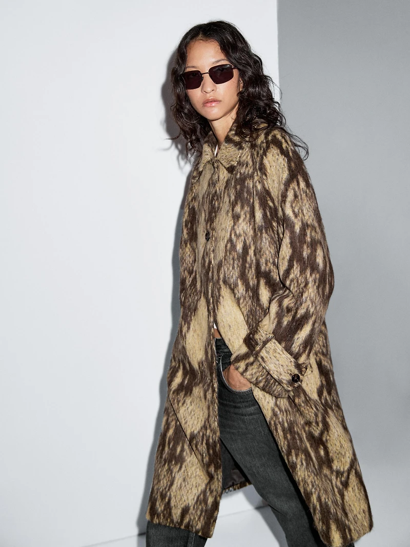Long wool blend snakeskin print coat