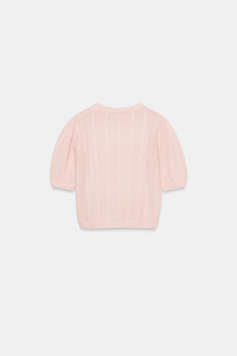 WOOL BLEND CABLE-KNIT SHORT SLEEVE SWEATER
