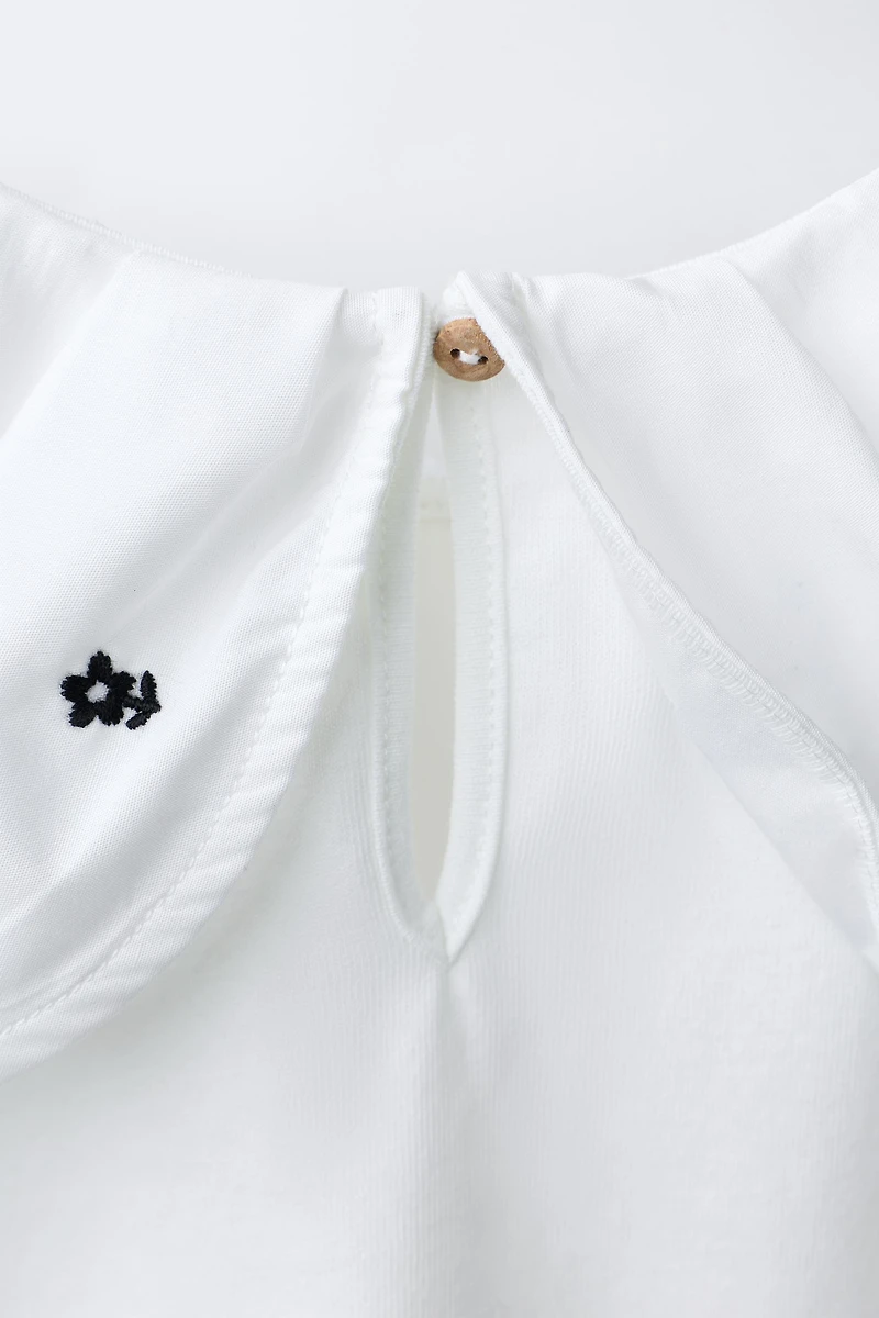 EMBROIDERED FLORAL PETER PAN COLLAR T-SHIRT