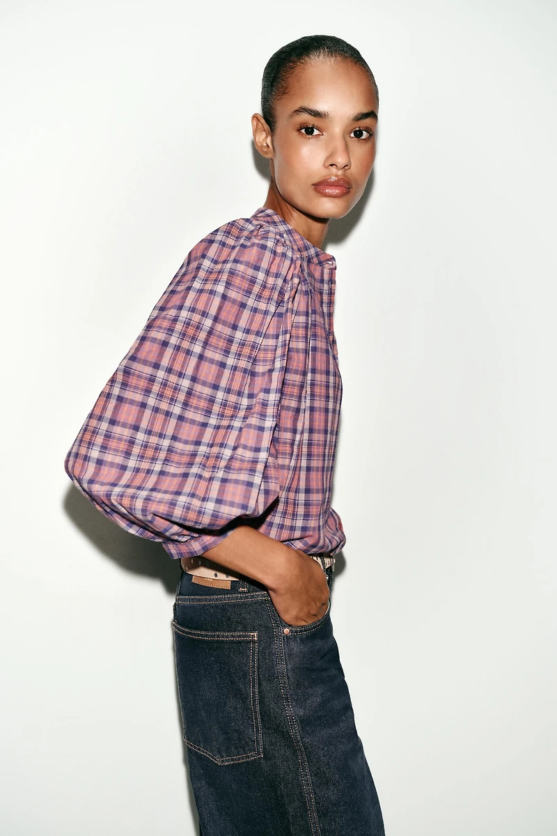 BLOUSE À CARREAUX COL ROND