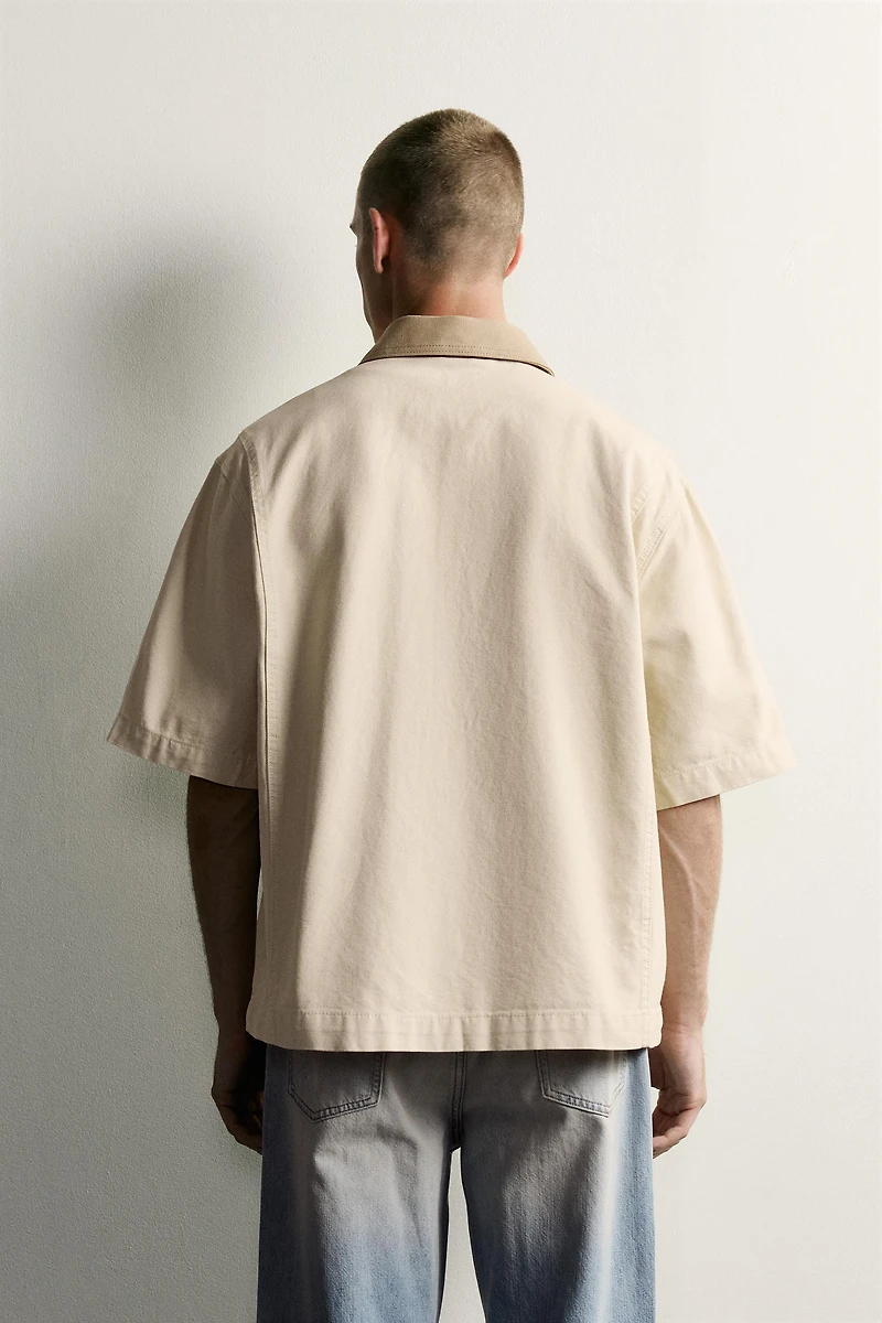 SHORT SLEEVE CONTRAST COLLAR OVERSHIRT