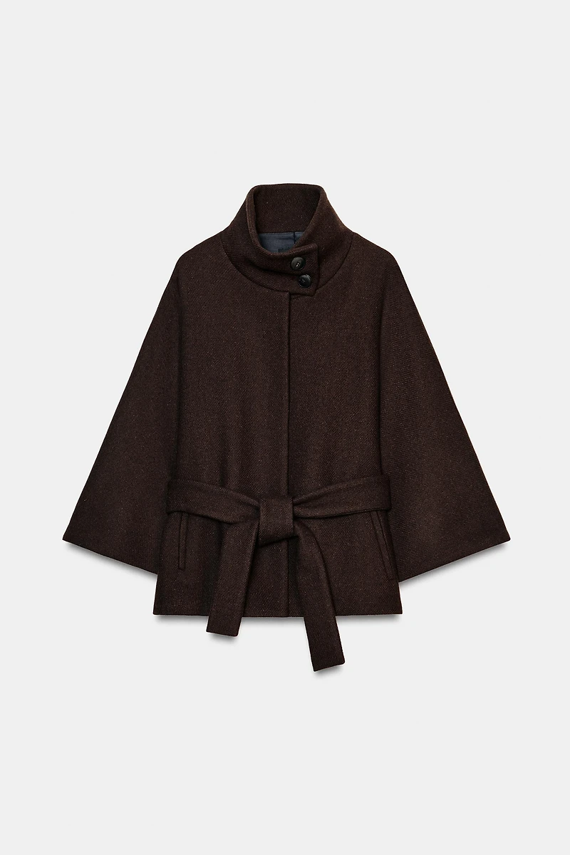 SHORT WOOL CAPE COAT WITH BELT