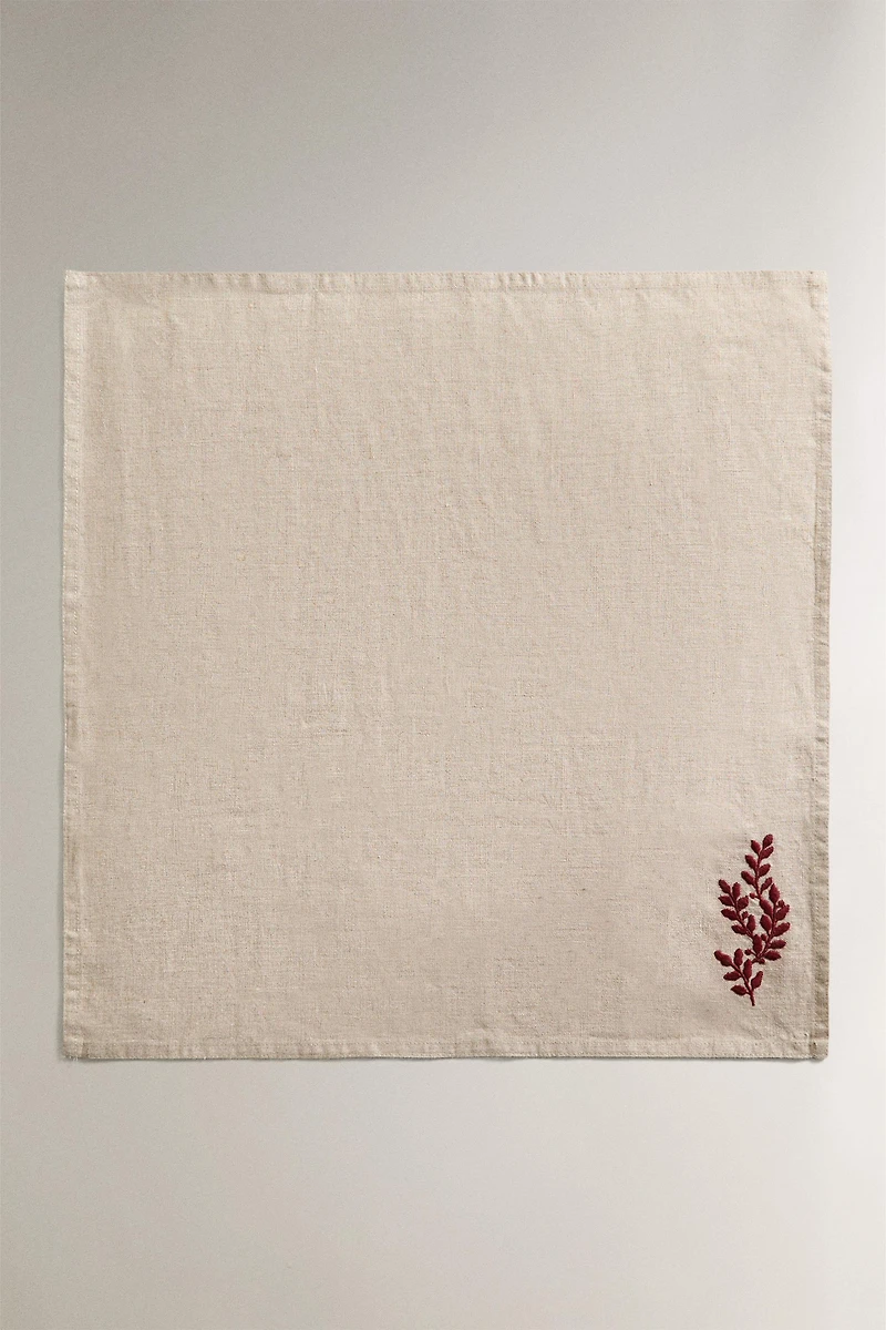 LOT DE 2 SERVIETTES DE TABLE EN LIN FEUILLES ROUGES NOËL