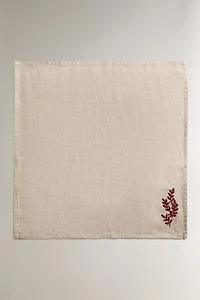 LOT DE 2 SERVIETTES DE TABLE EN LIN FEUILLES ROUGES NOËL