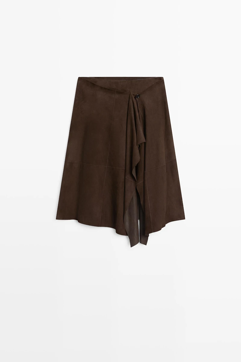 Suede leather midi skirt with ruffle detail