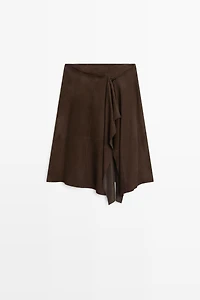 Suede leather midi skirt with ruffle detail