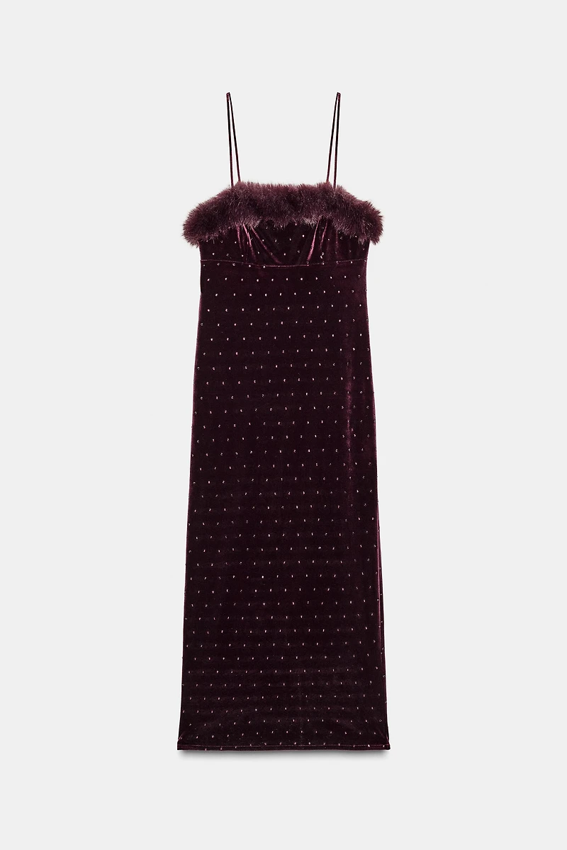 VELVET BEADED FAUX FUR MIDI DRESS