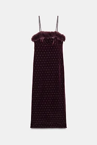 VELVET BEADED FAUX FUR MIDI DRESS