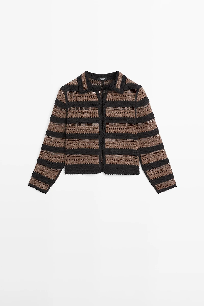 Veste courte maille crochet rayée