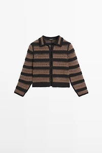 Veste courte maille crochet rayée