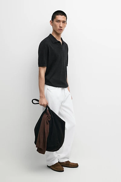 Short sleeve wool blend knit polo shirt