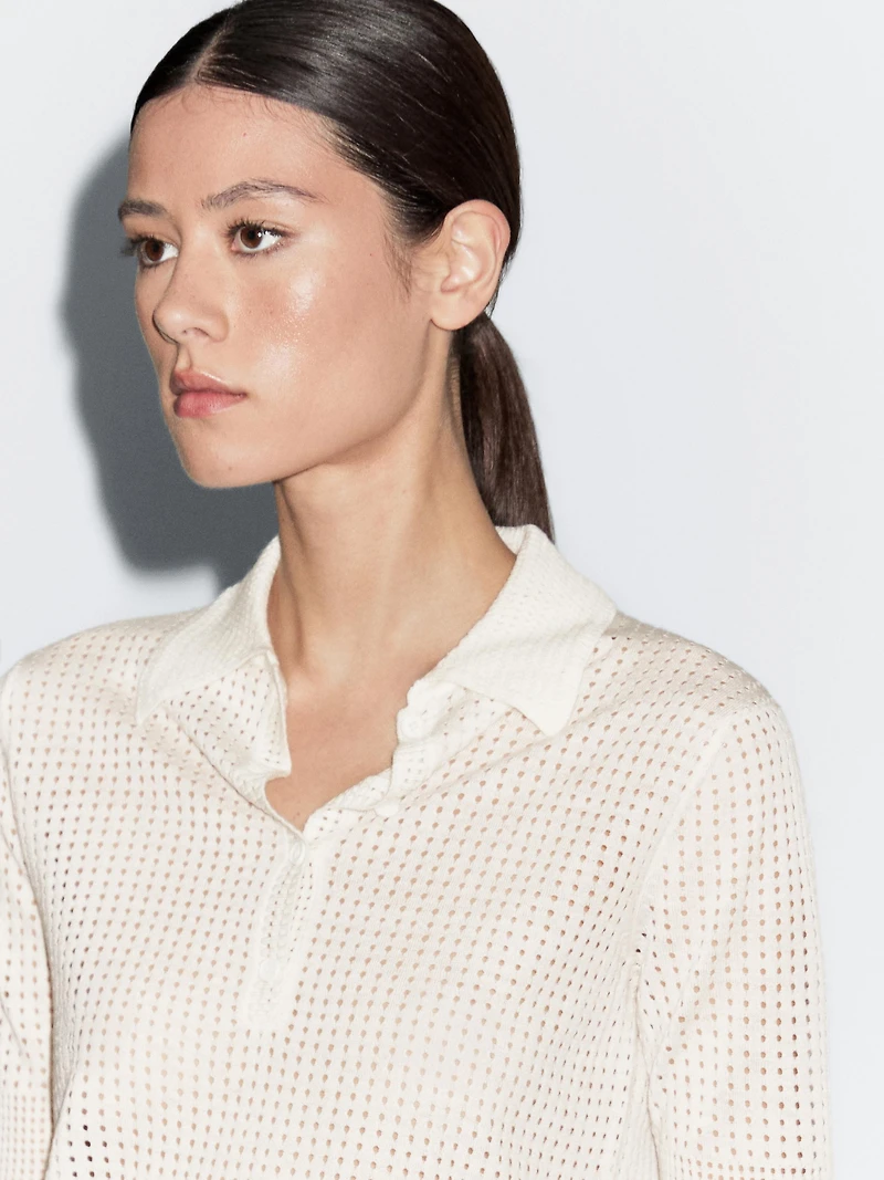 Pull en maille ajourée à col polo