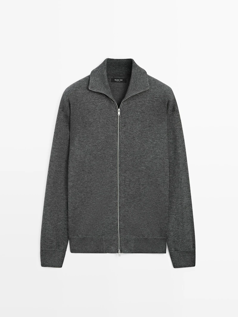 Cotton and wool blend zip-up cardigan