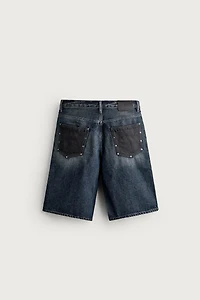 BAGGY FIT DENIM SHORTS WITH LEATHER POCKETS