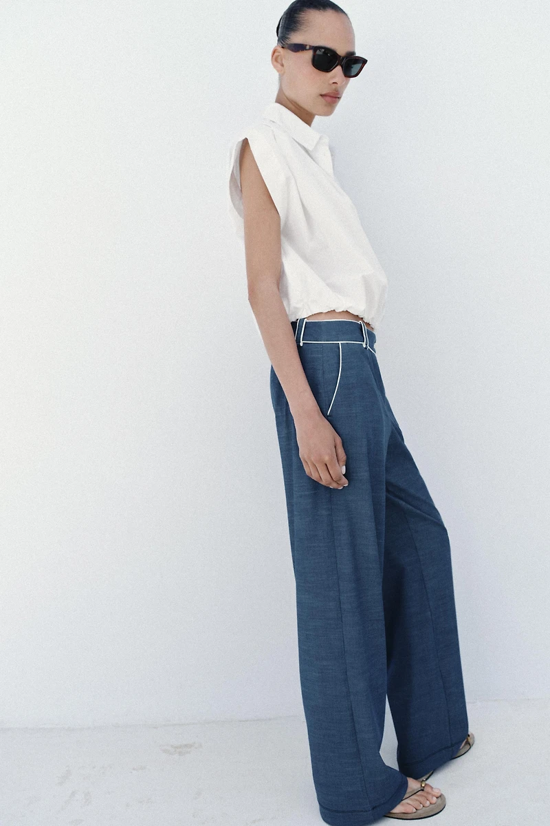 CONTRASTING PIPING WIDE LEG PANTS