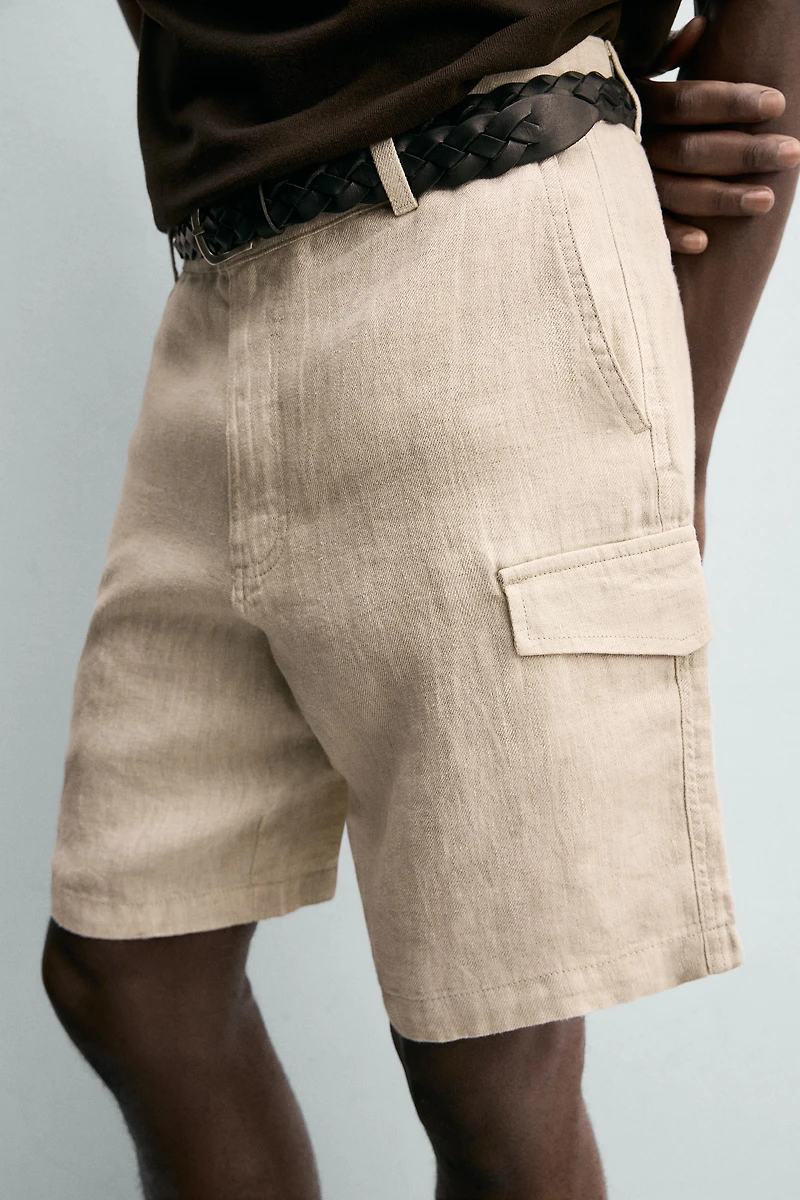 REGULAR FIT 100% LINEN CARGO SHORTS